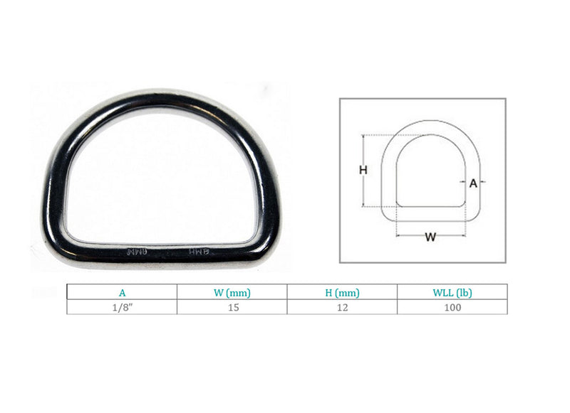 4 Pcs 12mm Height Marine Mil Spec Stainless Steel 1/8" D-Ring 100 WLL D Ring