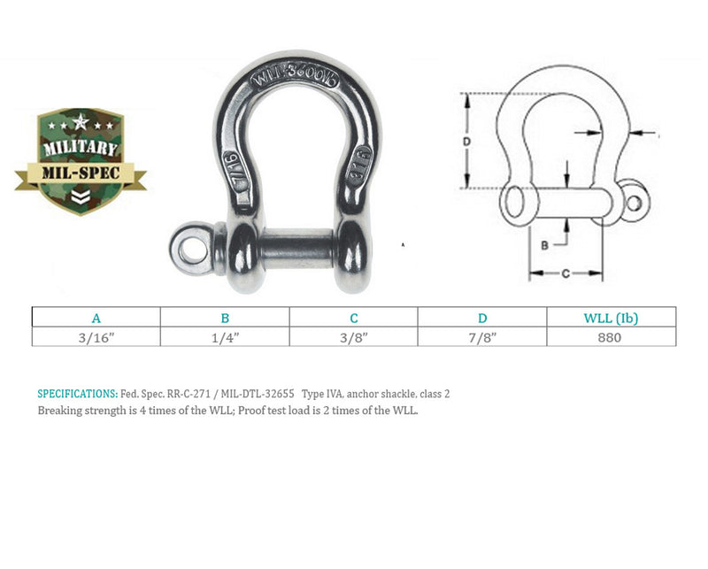 4 Pcs Mil Spec Stainless Steel Forged Loaded Rate 3/16" Screw Pin Anchor Shackle