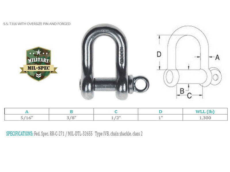 Mil Spec Stainless Steel T316 Forged 5/16" Screw Pin Chain Shackle 1,300 Lb WLL
