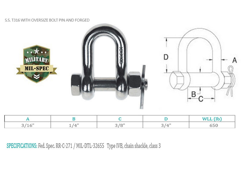 4 Pcs Mil Spec Stainless Steel T316 Forged 3/16" Bolt Pin Shackle 650 Lbs WLL