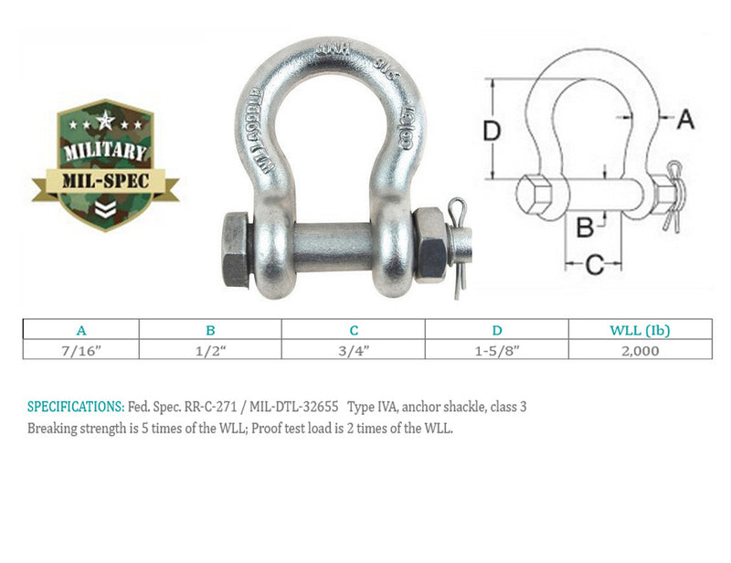 4 Pcs Mil Spec Stainless Steel T316 7/16" Bolt Pin Anchor Shackle 2,000 Lbs WLL