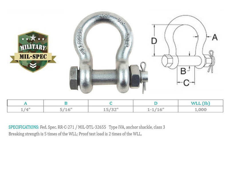 4 Pcs Mil Spec Stainless Steel T316 1/4" Bolt Pin Anchor Shackle 1,000 Lbs WLL
