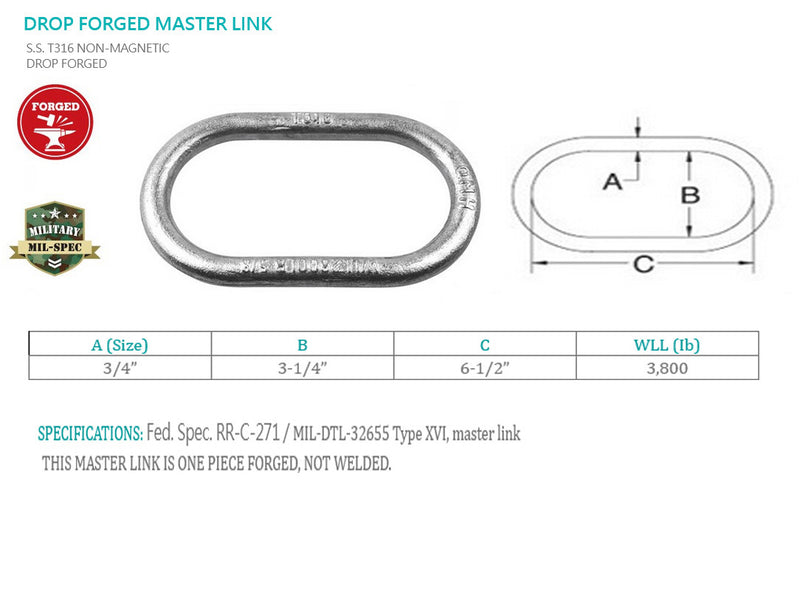 Mil Spec Stainless Steel 3/4" Master Link Drop Forged Non-Magnetic 3,750 Lbs WLL