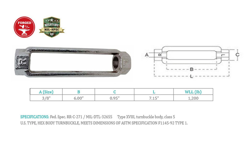 Stainless Steel T316 Mil-Spec 3/8" x 6" Turnbuckle Body 1,200 Lbs WLL