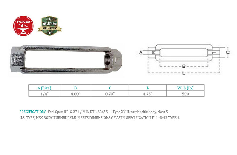 4 Pcs Stainless Steel T316 Mil-Spec 1/4" x 4" Turnbuckle Body 500 Lbs WLL