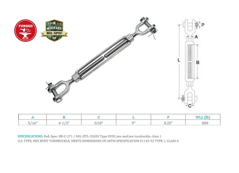 4 Pc Stainless Steel T316 Mil Spec 5/16" x 4-1/2" Jaw Jaw Turnbuckle 800 Lbs WLL