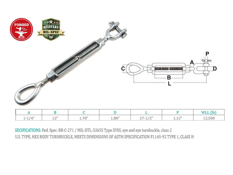 Stainless Steel T316 Mil-Spec 1-1/4" x 12" Jaw Eye Turnbuckle 12,500 Lbs WLL