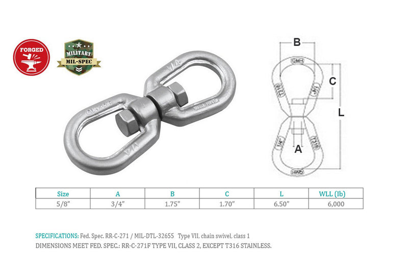 Mil Spec Marine 316 Stainless Steel Drop Forged 5/8" Eye Eye Swivel 6,000 Lb WLL