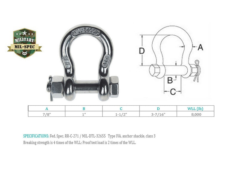 Marine Stainless Steel T316 Mil-Spec 7/8" Bolt Pin Anchor Shackle 8,000 Lb WLL