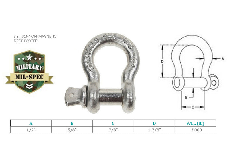Mil Spec T316 Stainless Steel 1/2" Screw Pin Anchor Shackle 3,000 Lbs WLL