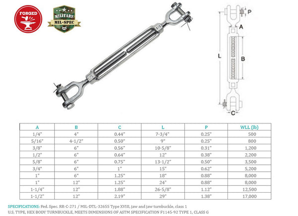 Stainless Steel T316 Mil Spec Jaw Jaw Turnbuckle