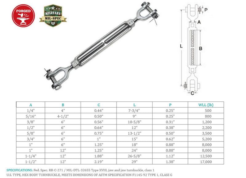 Stainless Steel T316 Mil Spec Jaw Jaw Turnbuckle