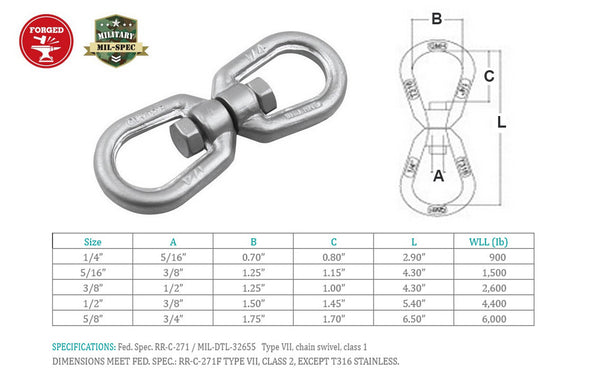 Mil Spec Marine 316 Stainless Steel Drop Forged Eye Eye Swivel