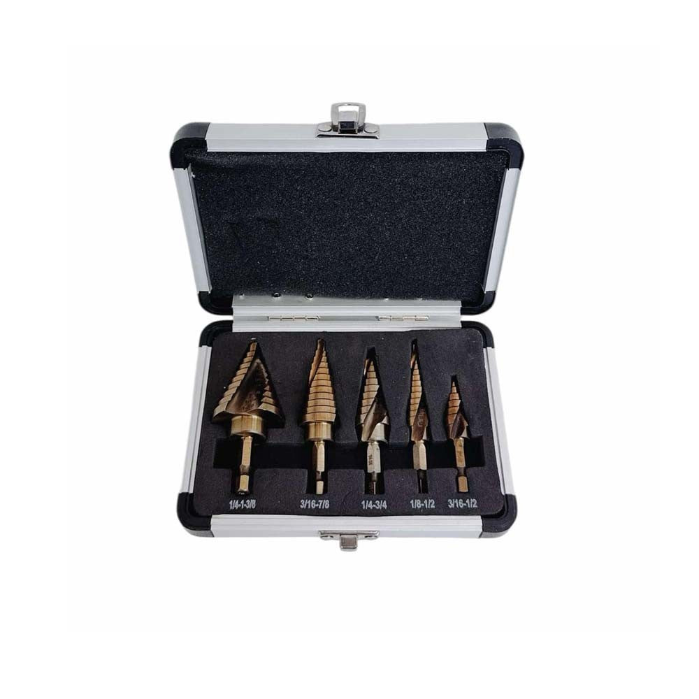 5 Pc Cobalt Spiral Flute Step Drill Bit Set Straight Shank HSS Titanium Coating