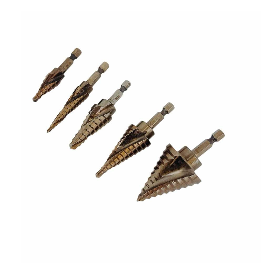 5 Pc Cobalt Spiral Flute Step Drill Bit Set Straight Shank HSS Titanium Coating