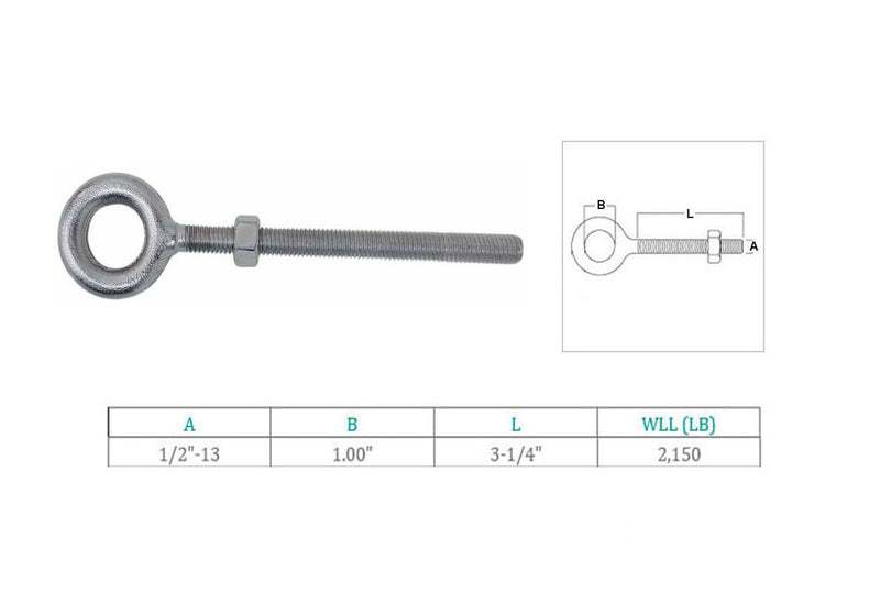 4 Pc Stainless Steel T316 1/2" x 3-1/4" Drop Forged Plain Eye Bolt 2150 Lb WLL