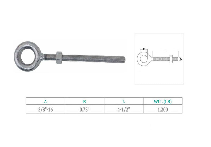 4 Pcs Stainless Steel T316 3/8" x 4-1/2" Drop Forged Plain Eye Bolt 1200 Lb WLL