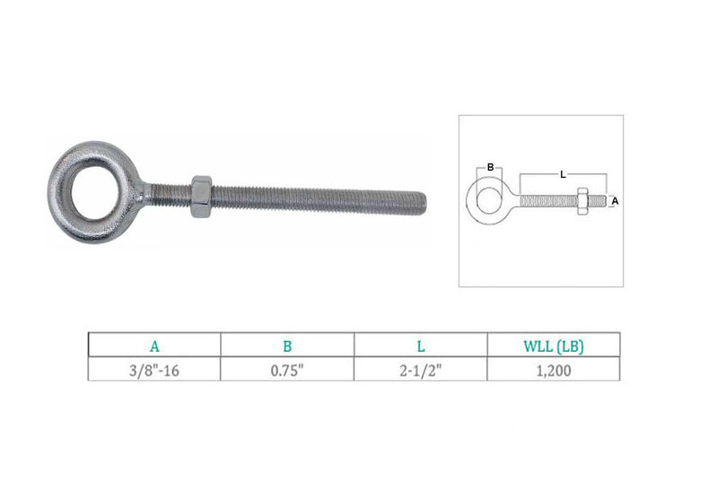 Marine Stainless Steel T316 3/8" x 2-1/2" Drop Forged Plain Eye Bolt 1200 Lb WLL
