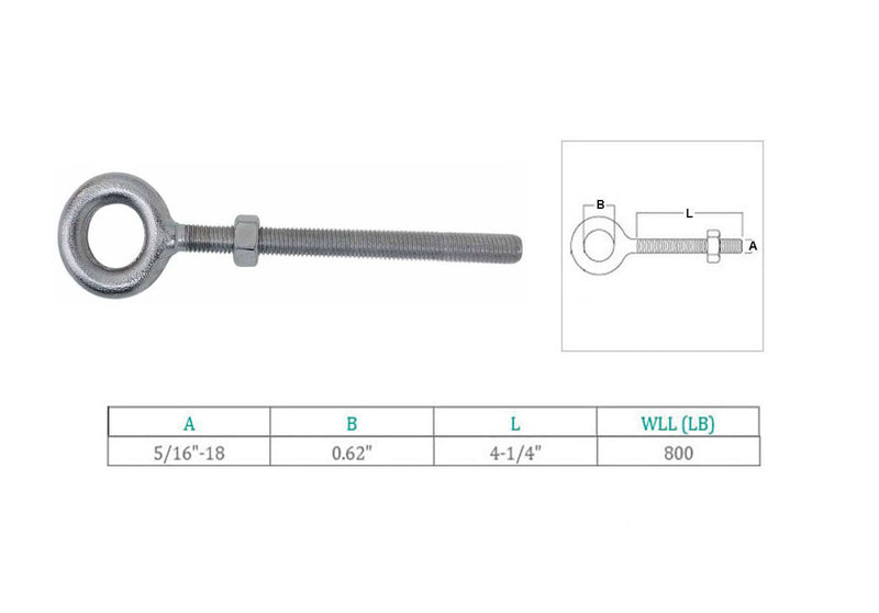 Marine Stainless Steel T316 5/16" x 4-1/4" Drop Forged Plain Eye Bolt 800 Lb WLL