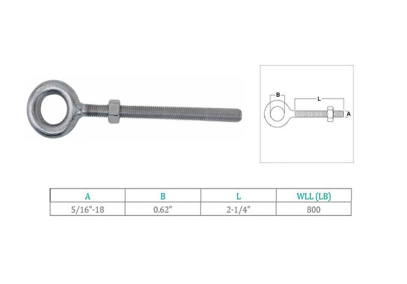 Marine Stainless Steel T316 5/16" x 2-1/4" Drop Forged Plain Eye Bolt 800 Lb WLL