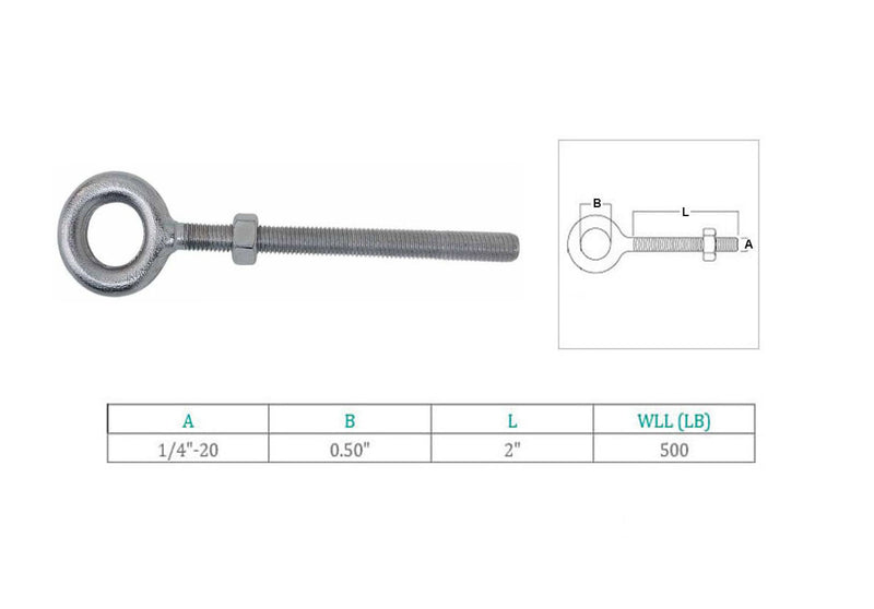 Marine Stainless Steel T316 1/4" x 2" Drop Forged Plain Eye Bolt 500 Lb WLL