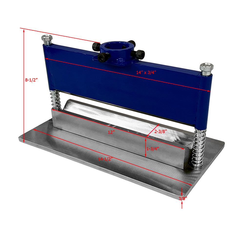 Front view of Prolinemax hydraulic press brake attachment featuring blue frame, dual return springs, V-block die, and clamp mount for 12 or 20 ton press systems