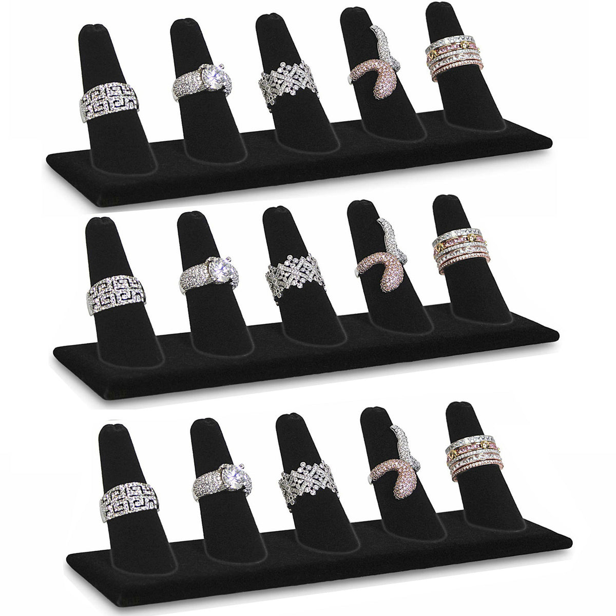 Black velvet five finger ring display stand with jewelry rings showcased