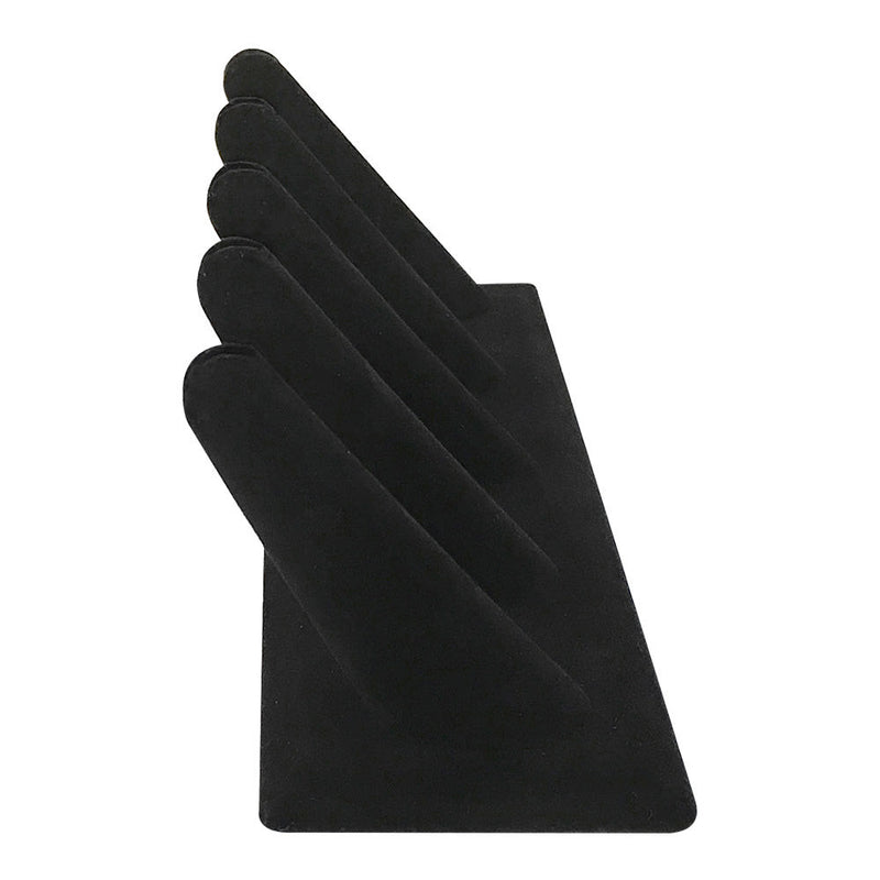 Black velvet ring stand with five slots for displaying rings and bands