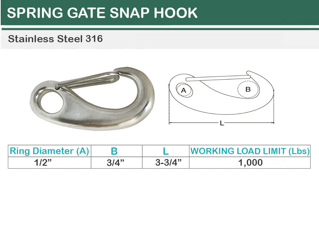 4 Pc Marine T316 Stainless Steel 3-3/4" Gate Snap Hook Carabiner Rigging 1,000 Lbs WLL