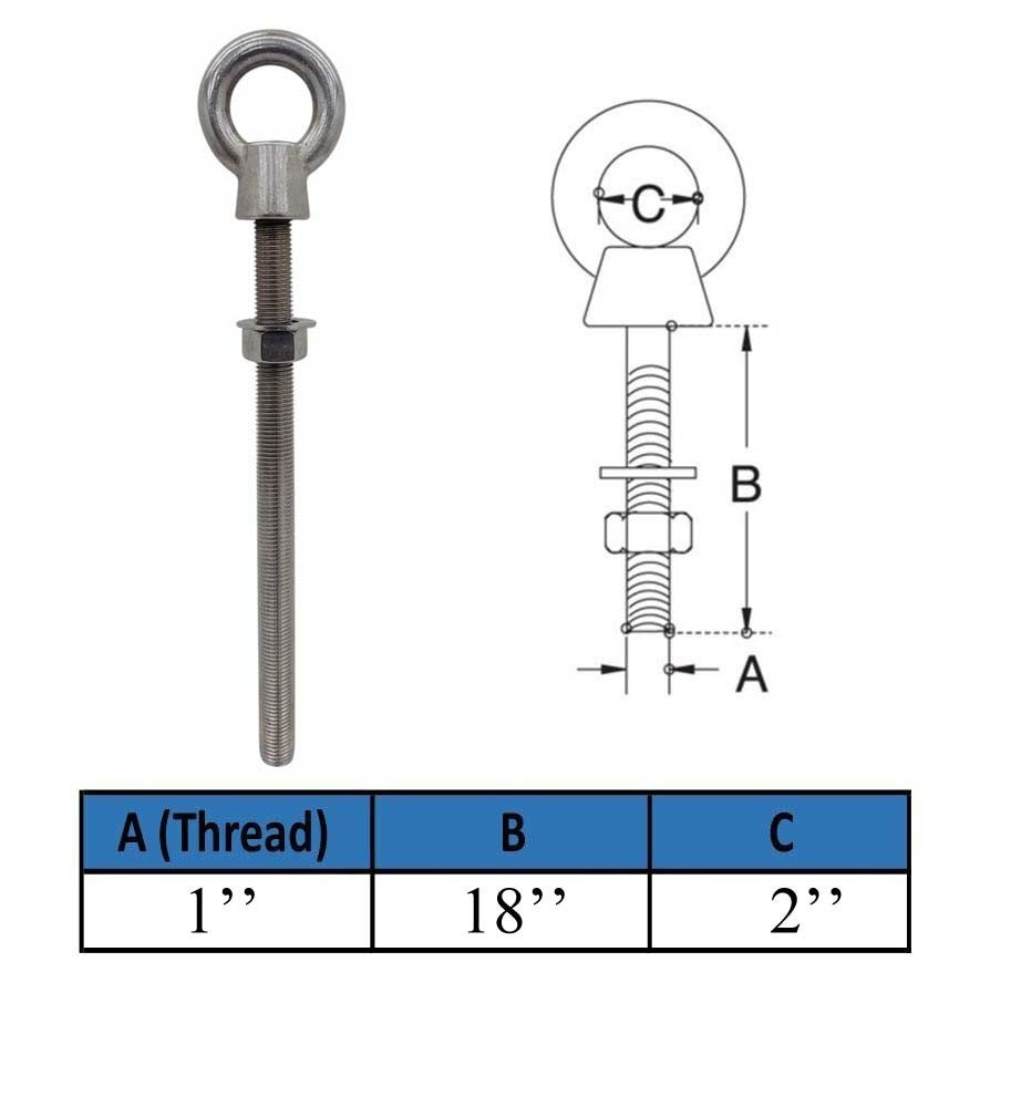 Marine Boat T316 Stainless Steel 1" x 18" Shoulder Eye Bolt 7,500 Lbs WLL