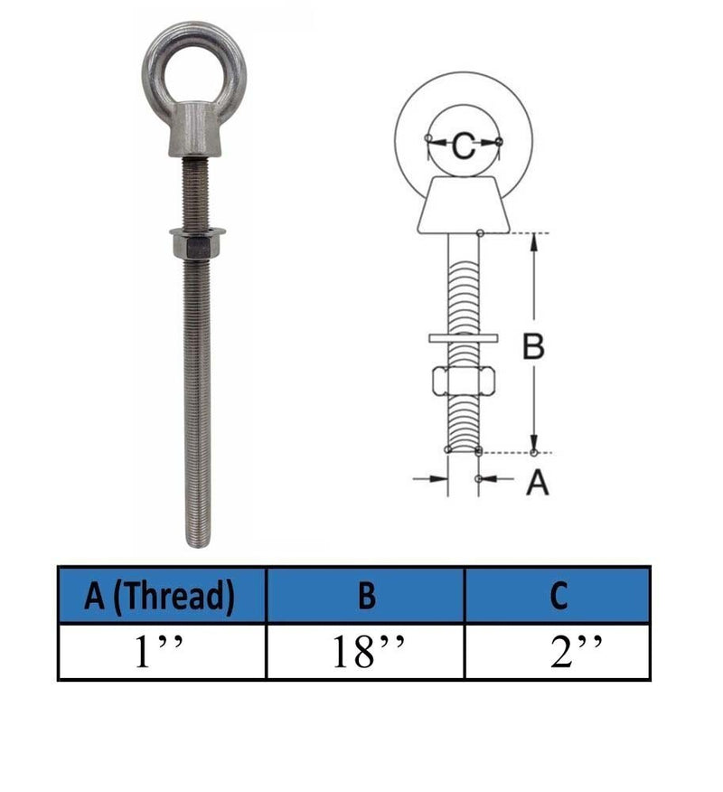 Marine Boat T316 Stainless Steel 1" x 18" Shoulder Eye Bolt 7,500 Lbs WLL