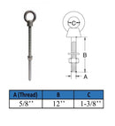 Marine Boat T316 Stainless Steel 5/8" x 12" Shoulder Eye Bolt 3,200 Lbs WLL