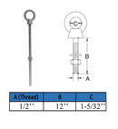 Marine Boat T316 Stainless Steel 1/2" x 12" Shoulder Eye Bolt 2,000 Lbs WLL