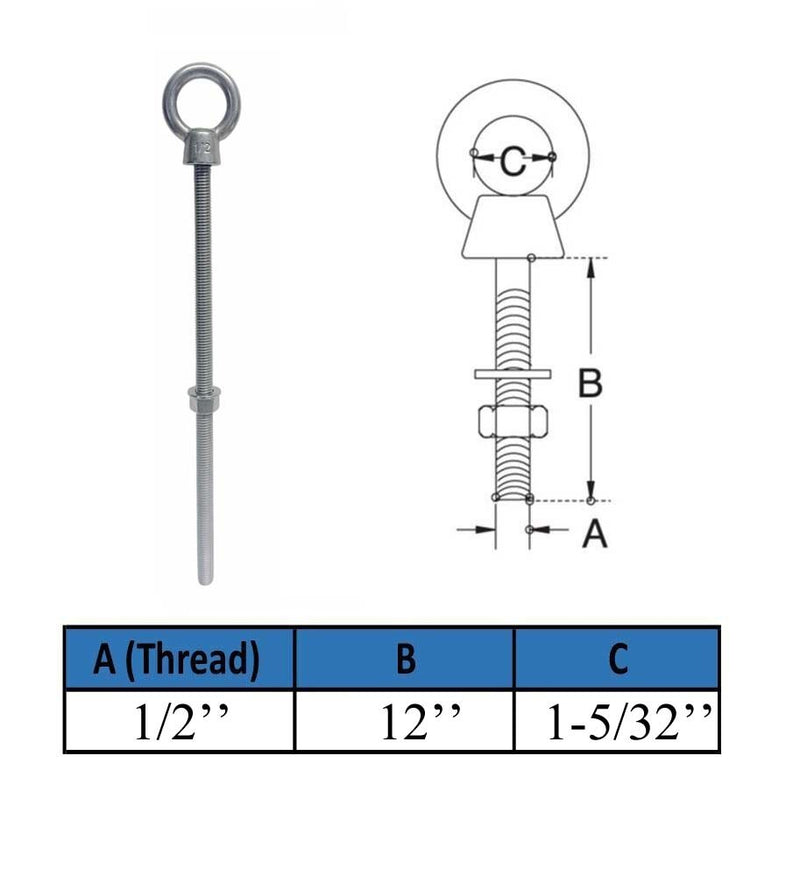 Marine Boat T316 Stainless Steel 1/2" x 12" Shoulder Eye Bolt 2,000 Lbs WLL