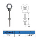 Marine Boat T316 Stainless Steel 7/8" x 9" Shoulder Eye Bolt 5,800 Lbs WLL