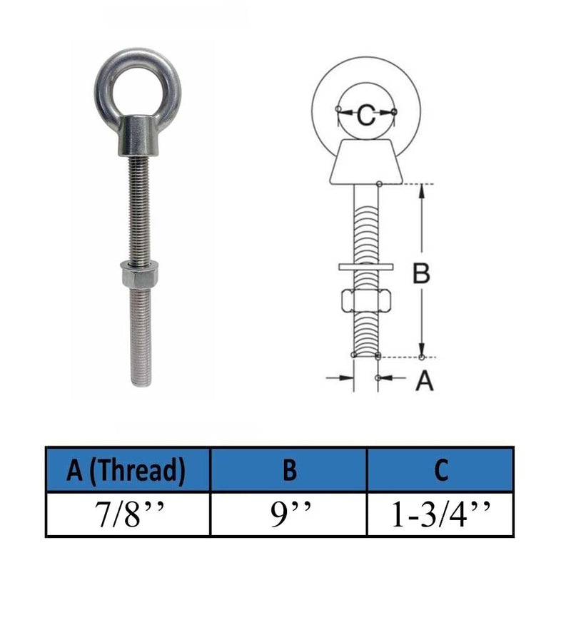 Marine Boat T316 Stainless Steel 7/8" x 9" Shoulder Eye Bolt 5,800 Lbs WLL