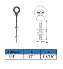 Marine Boat T316 Stainless Steel 3/4" x 12" Shoulder Eye Bolt 4,700 Lbs WLL