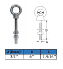 Marine Boat T316 Stainless Steel 3/4" x 6" Shoulder Eye Bolt 4,700 Lbs WLL