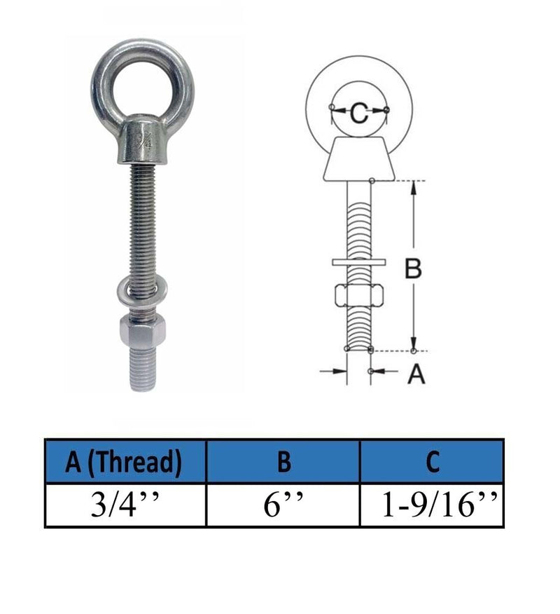Marine Boat T316 Stainless Steel 3/4" x 6" Shoulder Eye Bolt 4,700 Lbs WLL
