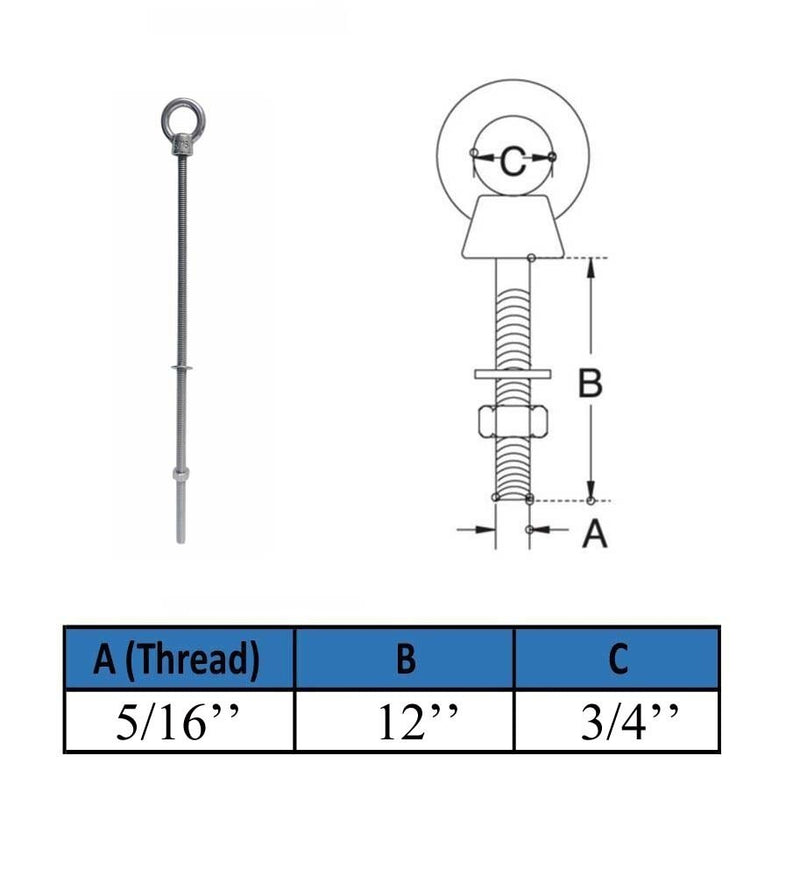 4 Pc Marine Boat T316 Stainless Steel 5/16" x 12" Shoulder Eye Bolt 800 Lbs WLL