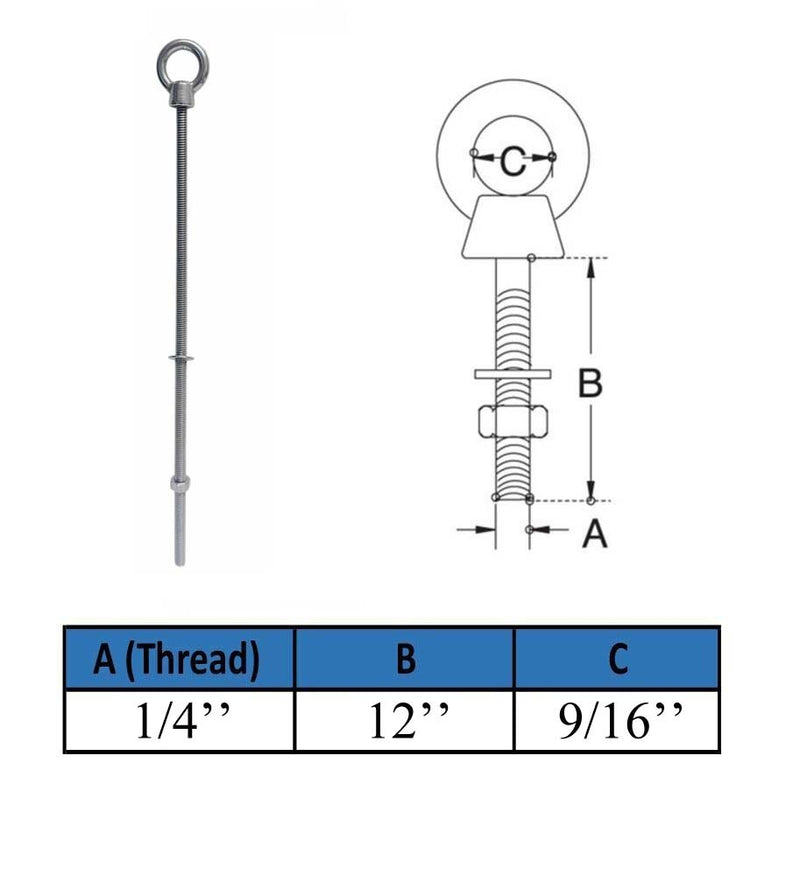 Marine Boat T316 Stainless Steel 1/4" x 12" Shoulder Eye Bolt 400 Lbs WLL