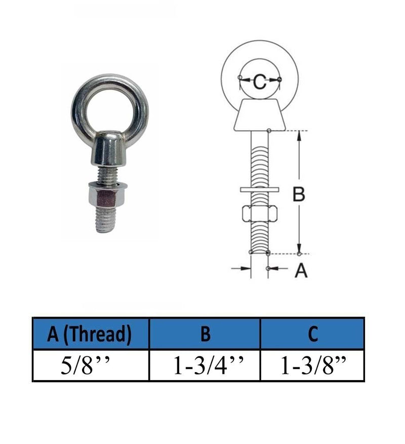 4 Pc Marine T316 Stainless Steel 5/8" x 1-3/4" Shoulder Eye Bolt 3,200 Lbs WLL