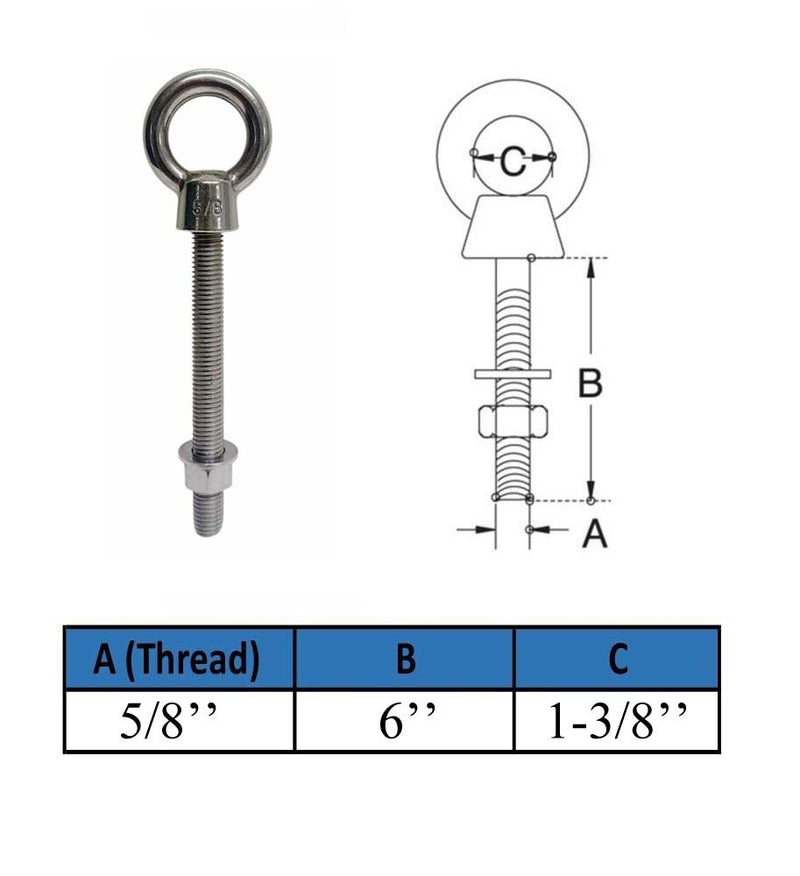 Marine Boat T316 Stainless Steel 5/8" x 6" Shoulder Eye Bolt 3,200 Lbs WLL