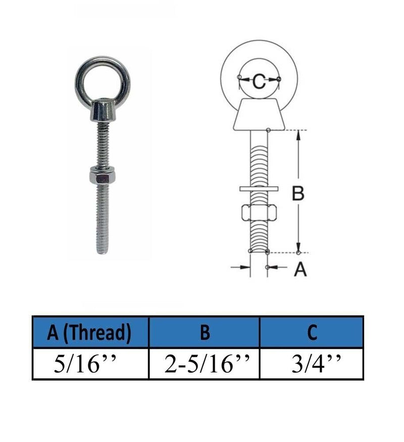 4 Pc Marine T316 Stainless Steel 5/16" x 2-5/16" Shoulder Eye Bolt 800 Lbs WLL
