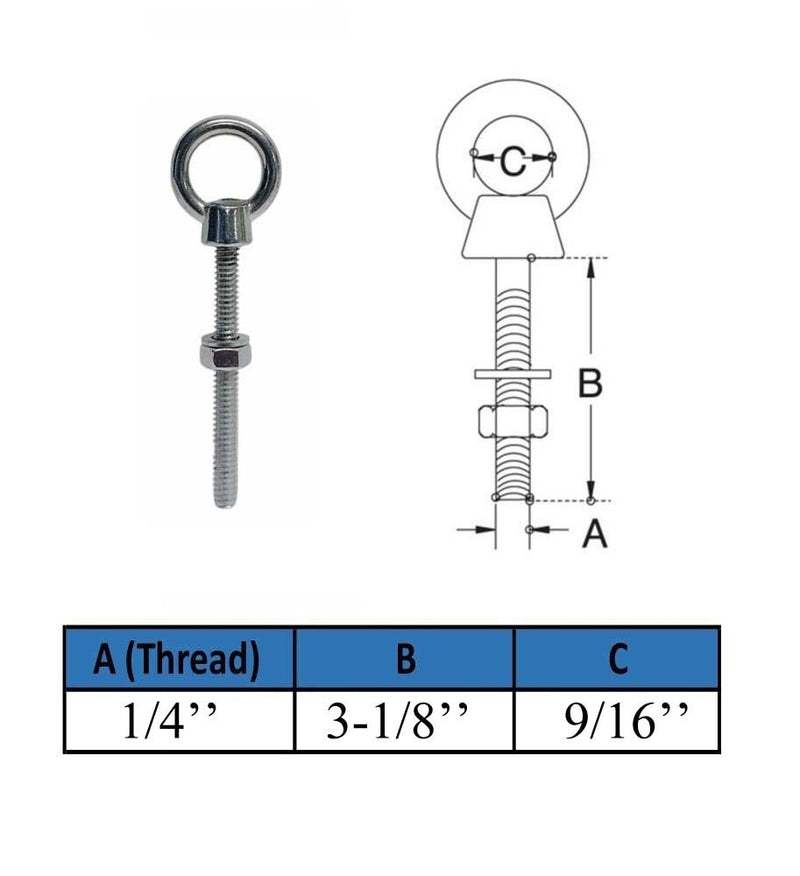 4Pc Marine Boat T316 Stainless Steel 1/4" x 3-1/8" Shoulder Eye Bolt 400 Lbs WLL