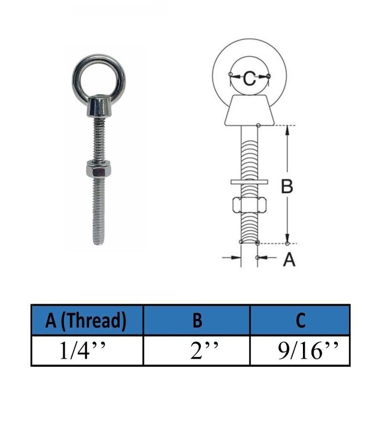 4 Pc Marine Boat T316 Stainless Steel 1/4" x 2" Shoulder Eye Bolt 400 Lbs WLL