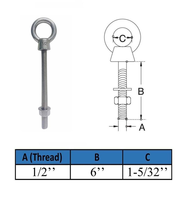 Marine Boat T316 Stainless Steel 1/2" x 6" Shoulder Eye Bolt 2,000 Lbs WLL