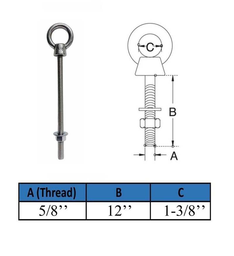 Marine Boat T316 Stainless Steel 3/8" x 6" Shoulder Eye Bolt 1,000 Lbs WLL