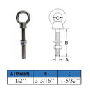 4 Pc Marine T316 Stainless Steel 1/2" x 3-3/16" Shoulder Eye Bolt 2,200 Lbs WLL