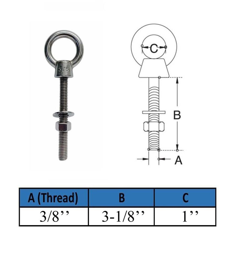 4 Pc Marine T316 Stainless Steel 3/8" x 3-1/8" Shoulder Eye Bolt 1,000 Lbs WLL